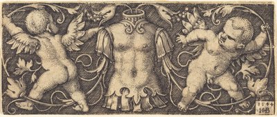 Ornament met wapenrusting en twee genii door Sebald Beham