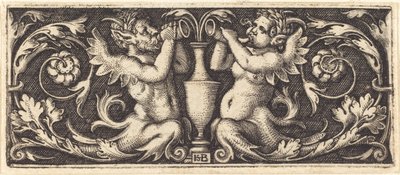Ornament met twee Tritons die hoorns blazen door Sebald Beham