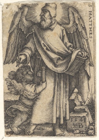 Plaat 1: Sint Mattheüs met zijn hoofd in profiel naar links gedraaid, een cherub linksonder, 1541 door Sebald Beham