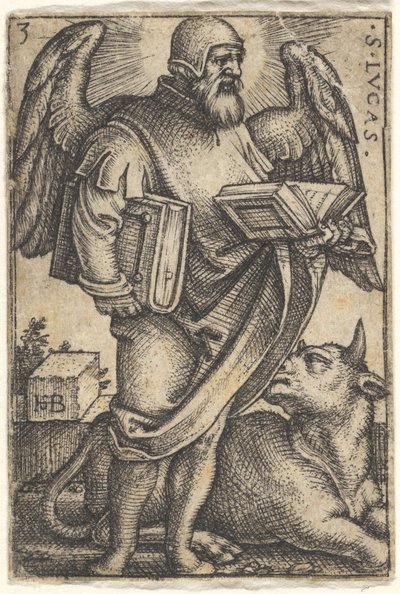 Sint Lucas met zijn hoofd in profiel naar rechts gedraaid, een boek in elke hand door Sebald Beham