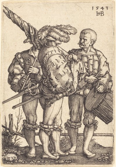 Vaandeldrager, trommelaar en pijper door Sebald Beham