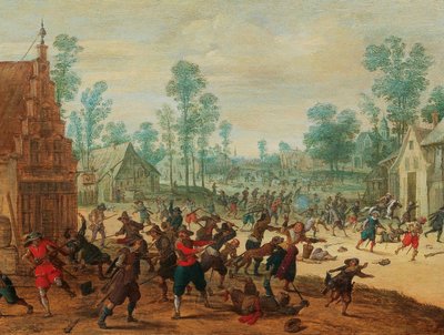 Vechtende soldaten in een dorp, ca. 1630 door Sebastiaen Vrancx