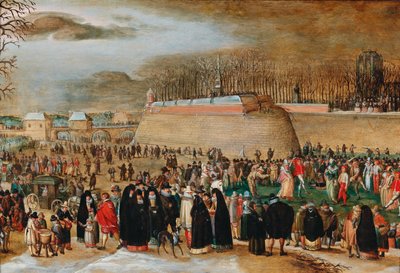 Winterlandschap met een carnavalscène bij het Kipdorppoort Bastion in Antwerpen door Sebastiaen Vrancx