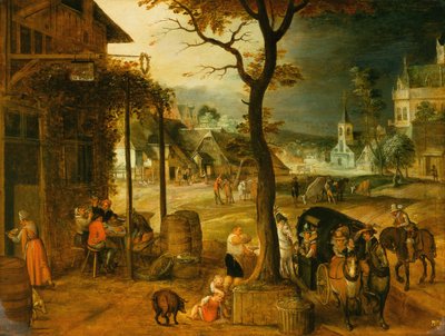 Dorp met reizigers die verfrissingen nemen bij een herberg door Sebastian (follower of) Vrancx