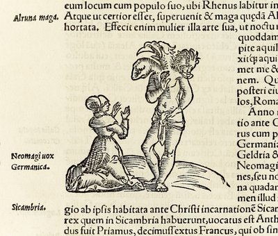 Een heks roept een driehoofdige demon op, uit de editie van 1550 van 