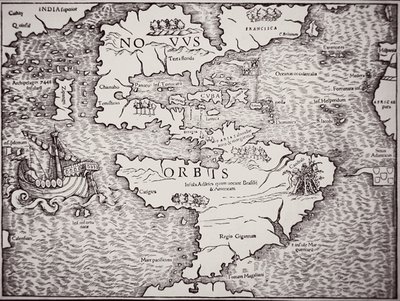 Kaart van Amerika met de Atlantische en Stille Oceaan door Sebastian Munster