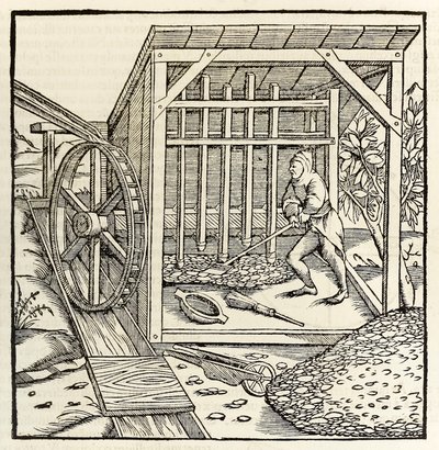 Mijnbouw met waterrad, uit de editie van 1550 van 