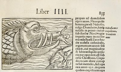 Monsterachtige walvis die mensen verslindt, uit de editie van 1550 van 