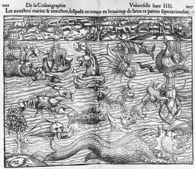 Zee- en landmonsters, illustratie uit Cosmographia Universalis, door Sebastian Munster (1489-1552) door Sebastian Munster
