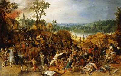Een Landschap met Plunderaars die een Wagenkonvooi aanvallen en een Dorp Plunderen door Sebastian Vrancx
