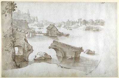 Een uitzicht op de Tiber met de ruïnes van de Ponte Rotto, de Marmorata en de Ripa Grande door Sebastian Vrancx