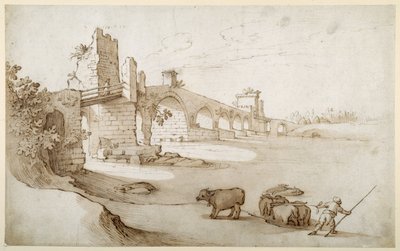 Een veedrijver die een team ossen aanspoort om de Tiber over te zwemmen bij de Ponte Milvio Crossing door Sebastian Vrancx