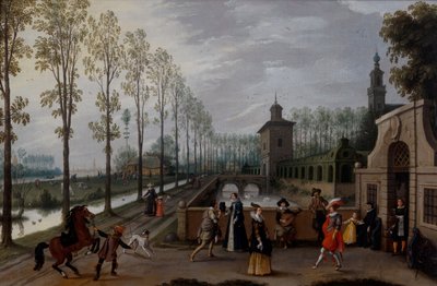 Een elegant gezelschap dat buiten een paleis wandelt door Sebastian Vrancx
