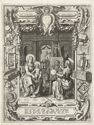 Wapen van het Sint-Lucasgilde met Sint Lucas die Madonna en Kind schildert, 1620-21 door Sebastian Vrancx