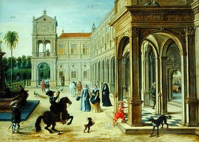 Ruiter en Elegante Figuren Buiten een Paleis Binnenplaats door Sebastian Vrancx
