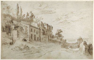 Huizen tussen de ruïnes met een verre blik op Rome door Sebastian Vrancx