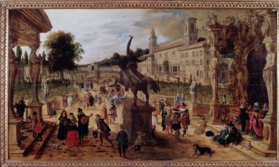 Landschap met villa Medici in Rome, Italië Elegante wandelaars en muzikanten in het park - Schilderij door Sebastian Vrancx (1573-1647) 17e eeuw - Napels Museo Nazionale di Capodimonte door Sebastian Vrancx