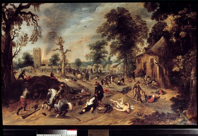 Plundering in een Dorp Een groep ruiters plunderde en slachtte de inwoners van een dorp, het lichaam van een naakte vrouw ligt op de grond, een andere wordt bij het haar gesleept. Schilderij door Sebastien Vrancx door Sebastian Vrancx