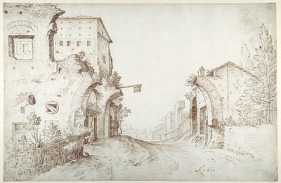 Herberg langs de weg tussen de ruïnes van een aquaduct door Sebastian Vrancx