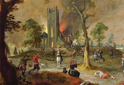Spaanse troepen plunderen een dorp in Vlaanderen tijdens de oorlog van de Nederlanden door Sebastian Vrancx