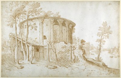 De Tempel van Vesta in het Forum Boarium, gezien vanuit het noorden, de Tiber aan de rechterkant, ca. 1650 door Sebastian Vrancx