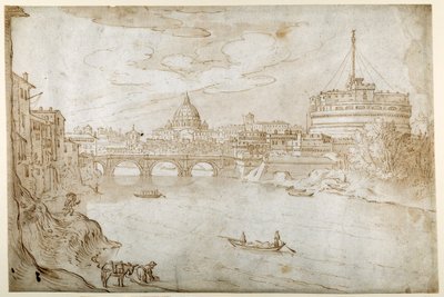 Tiber uitzicht richting Sint-Pieter met het Vaticaanse Paleis en de Castel S. Angelo door Sebastian Vrancx