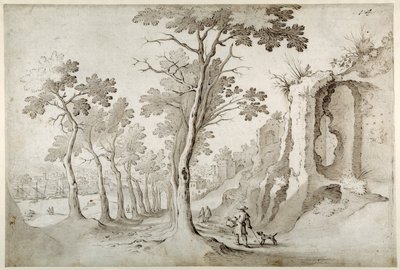 Uitzicht op de Porta Ripa vanaf een laan van bomen tussen ruïnes op de Aventijn met uitzicht op S. Maria dell