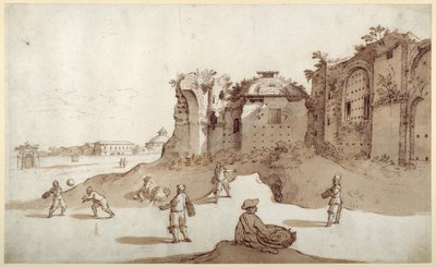 Jonge mannen spelen pelota in de Thermen van Diocletianus; S. Bernardino in de verte; de lange muur van Bellaiani door Sebastian Vrancx