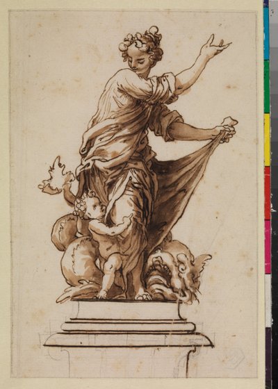 Allegorische groep op een voetstuk met een vrouwelijke figuur, kind en draak, 17e eeuw door Sebastian de Herrera Barnuevo