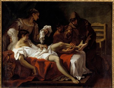 Sint Antonius van Padua waarschuwt een jonge man die zijn voet had geamputeerd om zichzelf te straffen voor het slaan van zijn moeder door Sebastiano Ricci