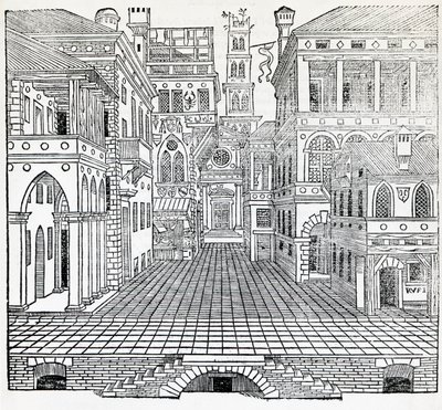 Magische scène, theatraal scèneontwerp door Sebastiano Serlio, illustratie uit 