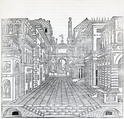 Magische scène, theatraal scèneontwerp door Sebastiano Serlio, illustratie uit 