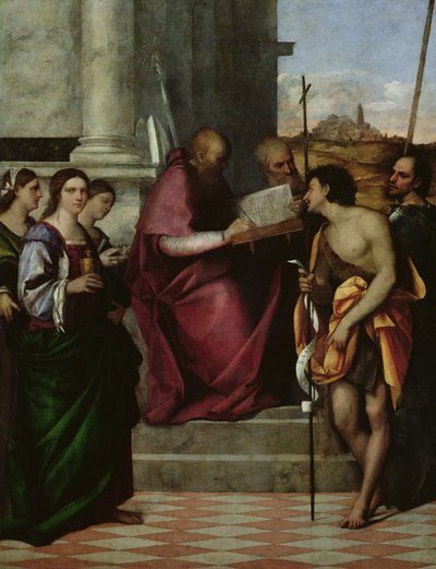 St. Johannes Chrysostomos met SS. Paulus, Liberalis, Johannes de Doper, Cecilia, Catharina en Maria Magdalena, 1509 door Sebastiano del Piombo