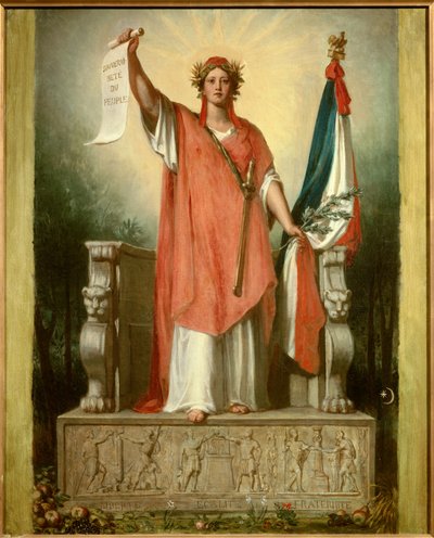De republiek. Personificatie van de Republiek (Marianne) met een perkament waarop 