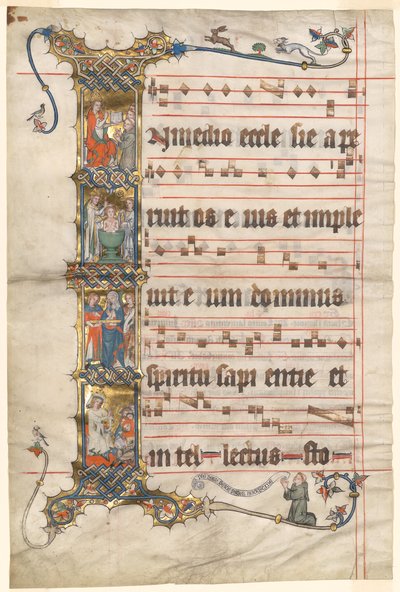 Blad uit de Wettinger Gradual: Geïllustreerde Initiaal (I) met Scènes uit het Leven van St. Augustinus door Second Master of the Wettinger Gradual
