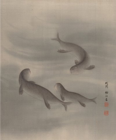 Otters zwemmen, ca. 1890-92 door Seki Shuko