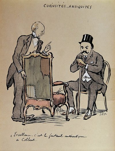 Rijke kunstverzamelaar inspecteert een stoel die naar verluidt eigendom was van Colbert, c.1919 door Sem
