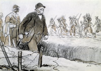 Eerste Wereldoorlog: Portret van Clemenceau (1841-1929) in een kist die het front bezoekt. Tekening door Georges Goursat, bekend als Sem (1863-1934) door Sem