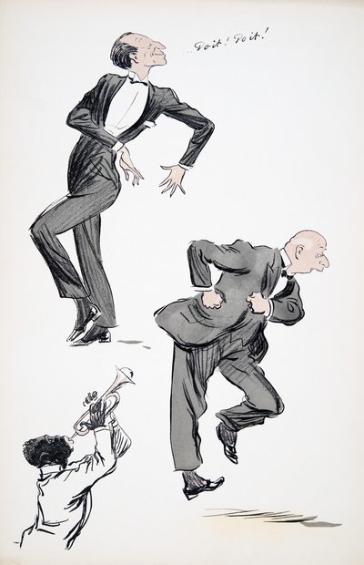 Twee mannen in pakken dansen terwijl een muzikant trompet speelt, uit White Bottoms, uitgegeven 1927 door Sem
