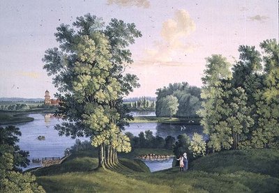 Uitzicht op het eiland vanaf het grote meer in het park van Tsarskoye Selo door Semen Fedorovich Shchedrin