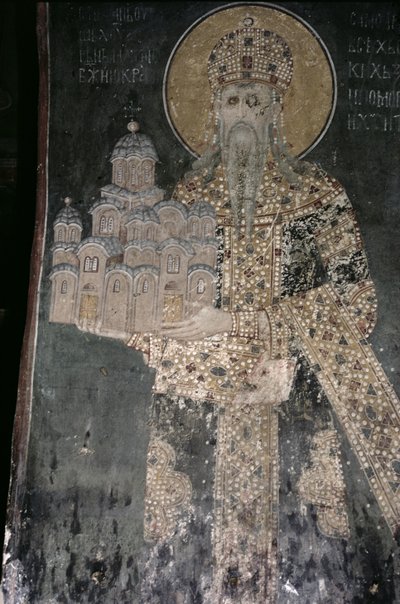 Koning Stefan Uroš II Milutin (r.1282-1321) met een model van de kerk, 1311-21 door Serbian School