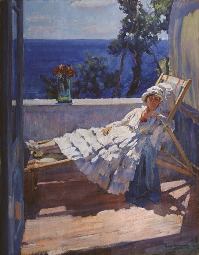 Een dame op het balkon, 1916 door Sergei Arsenevich Vinogradov