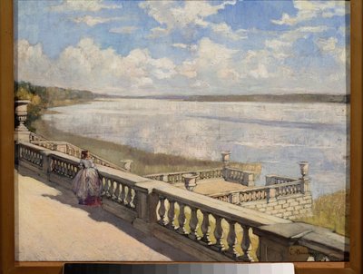 Zonnige dag, een dame bij de balustrade door Sergei Arsenevich Vinogradov