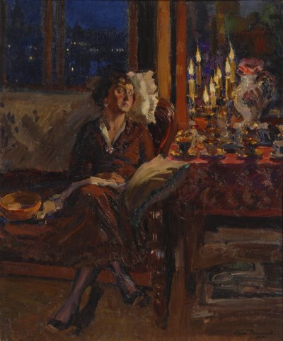 Dame met boek in een interieur, 1917 door Sergei Arsenevich Vinogradov