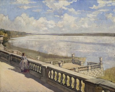 Zonnige dag. Een dame bij de balustrade, 1908 door Sergei Arsenevich Vinogradov