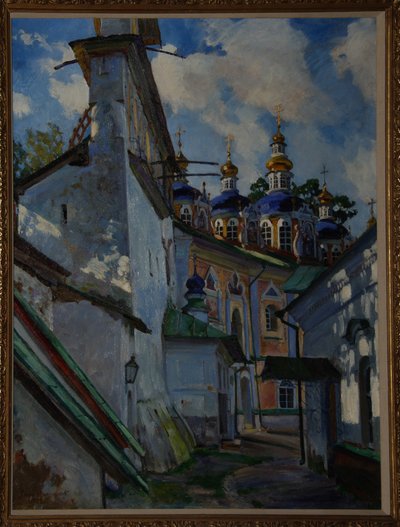 Uitzicht op het Pskovo-Pechersky klooster, 1928 door Sergei Arsenevich Vinogradov