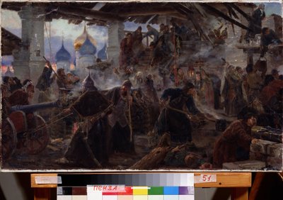 Het beleg van het klooster van de Drie-eenheid Sergius in Sergiev Posad. Slagscène tijdens de Tijd der Troebelen en de dynastieke crisis door Sergei Dmitrievich Miloradovich