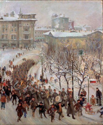 De mannen van het Rode Leger. Parade van de troepen van de Sovjet-Unie in de besneeuwde straten tijdens de Tweede Wereldoorlog (1939-1945), voorafgegaan door de fanfare en vergezeld door vrolijke kinderen. door Sergei Ivanovich Markin
