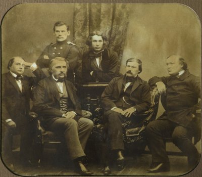 Sovremennik: Ivan Goncharov, Ivan Turgenev, Leo Tolstoy, Dmitri Grigorovich, Alexander Druzhinin door Sergei Lvovich Levitsky