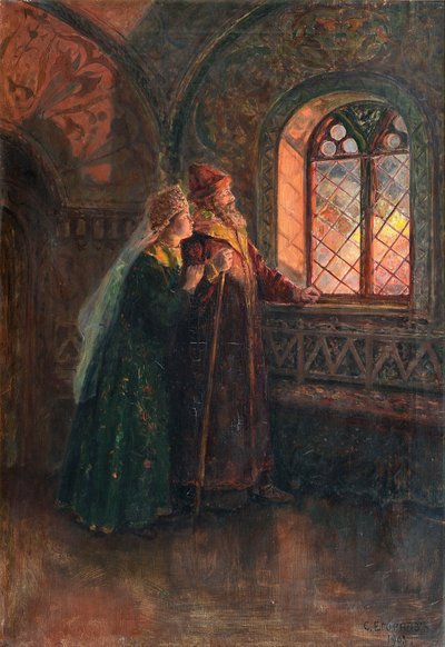 Tsaar Alexei Mikhailovich en Maria Miloslavskaya tijdens de Brand van Moskou, 1903 door Sergei Semyonovich Yegornov
